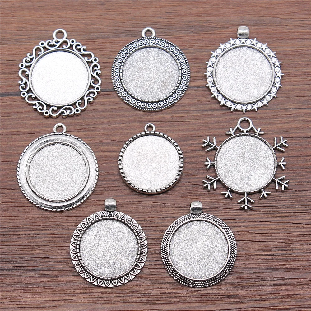 4 sztuk nadające się 25mm okrągłe szkło Cabochon ustawienie bazy wisiorek taca do tworzenia biżuterii DIY antyczne srebro kolor FM4030
