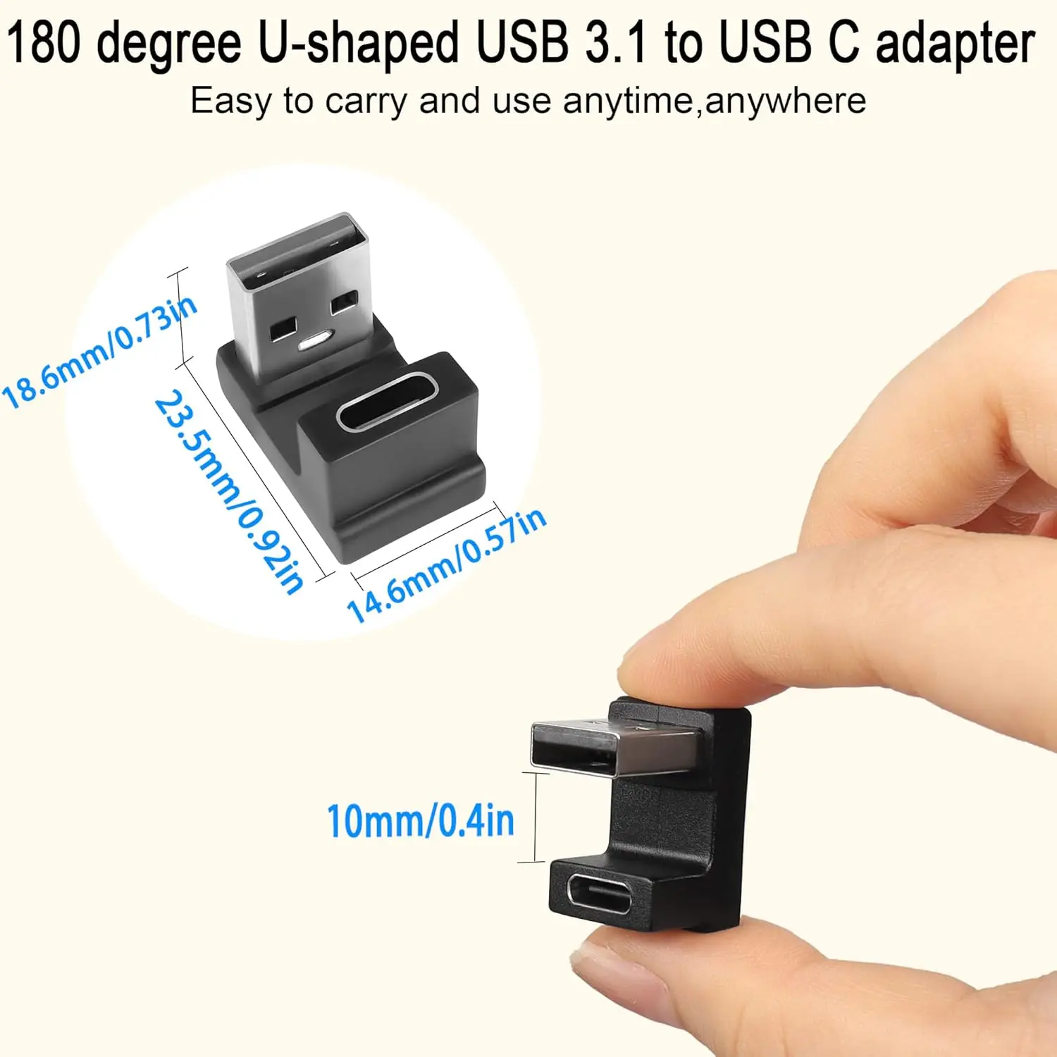 Conector USB A macho A USB C hembra, Conector de ángulo de 180 ° para carga 3A, transferencia de datos OTG, para ordenador portátil y tableta, 2 piezas, 10Gbps