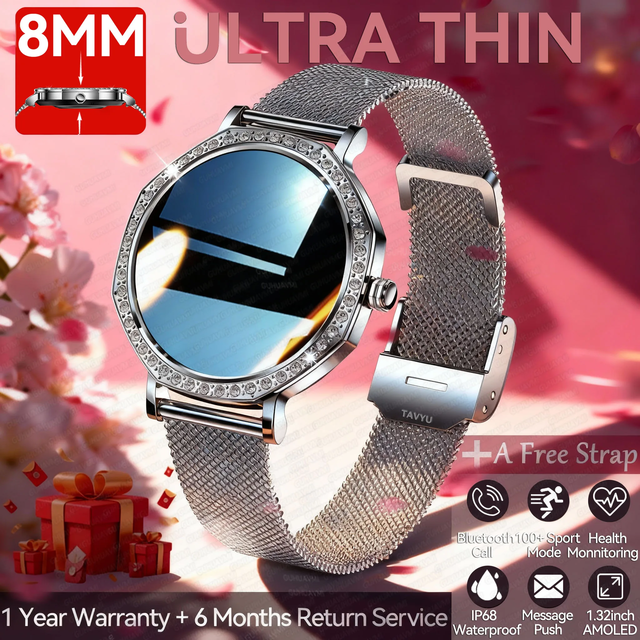 2026 سيدة 1.32 "موضة ساعة ذكية المرأة شاشة AMOLED نظام تحديد المواقع معدل ضربات القلب بلوتوث دعوة مقاوم للماء في الهواء الطلق رقيقة جدا الساعات الذكية #1