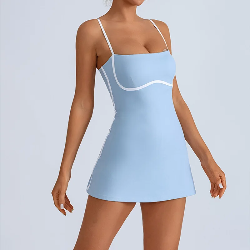 Contrast Color Tennis Dress Sleeveless Build in Shorts Gym Mini Sports Dresses Cloud Feeling Workout Fitness Running Golf Dress
