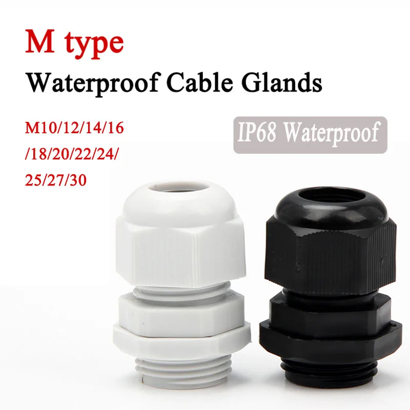 100pcs/lot IP68 Waterproof Cable Glands PA66 Plastic Joint White Nitrile Butadiene Rubber M10/12/14/16/18/20/22/24/25/27/30