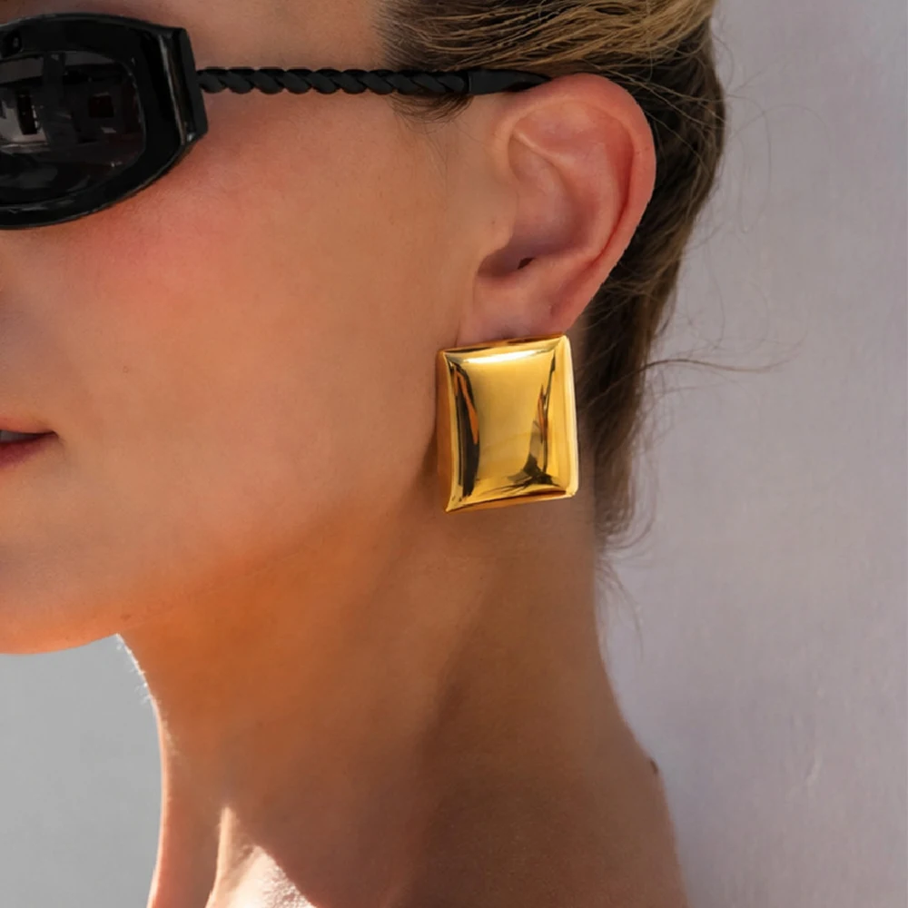 KunJoe Glossy Smooth Stainless Steel Rectangle Stud Earring Women Minimalist 18K Gold Plated Piercing Earring Non Fading Jewelry