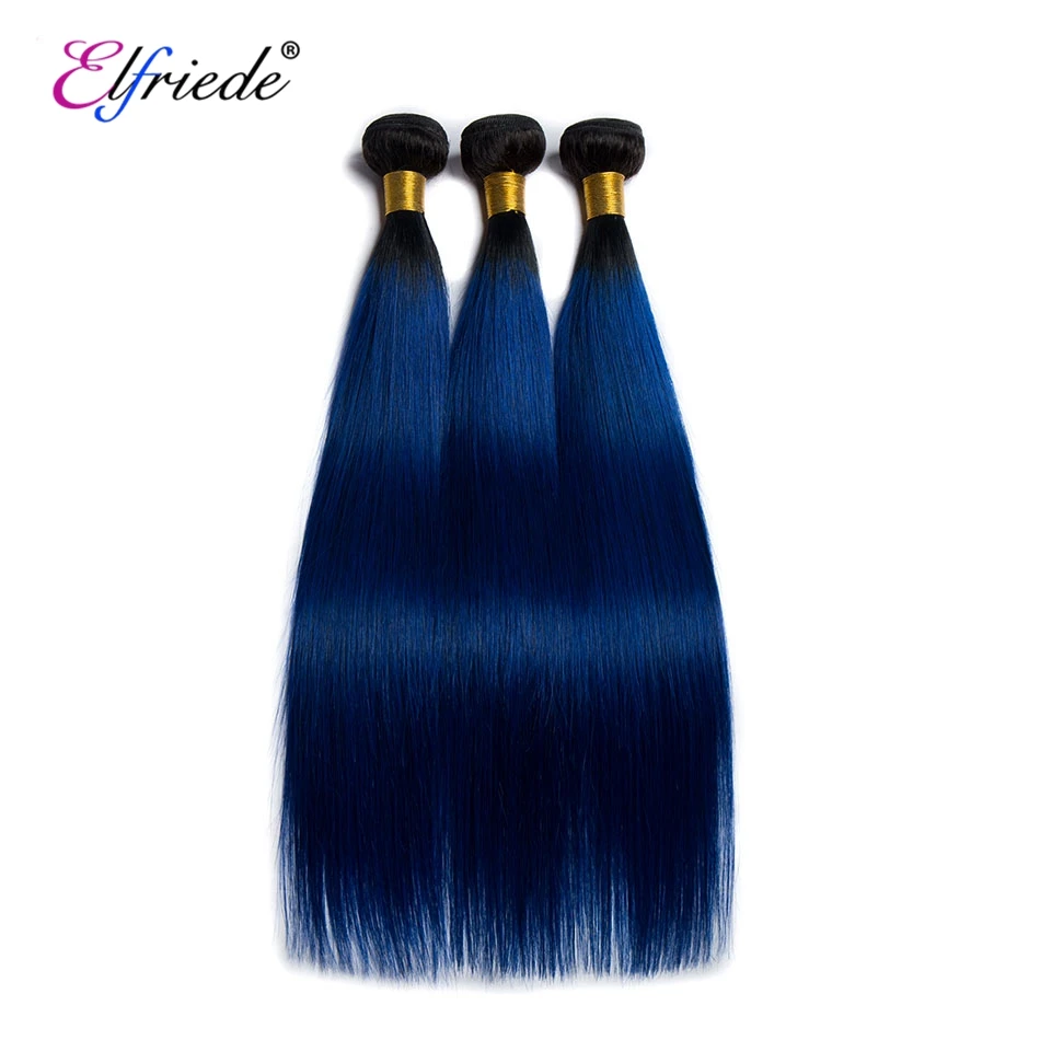 Elfriade-mechones de cabello humano brasileño con cierre de encaje, extensiones de cabello liso de color ombré, 3 mechones, 4x4, color azul, # 1B