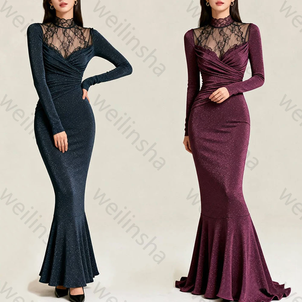 

Elegant Lace Collar Shinny Bling Shining Celebrity Dress Long Sleeves Evening Dresses High Quality Prom Party Gown Customized