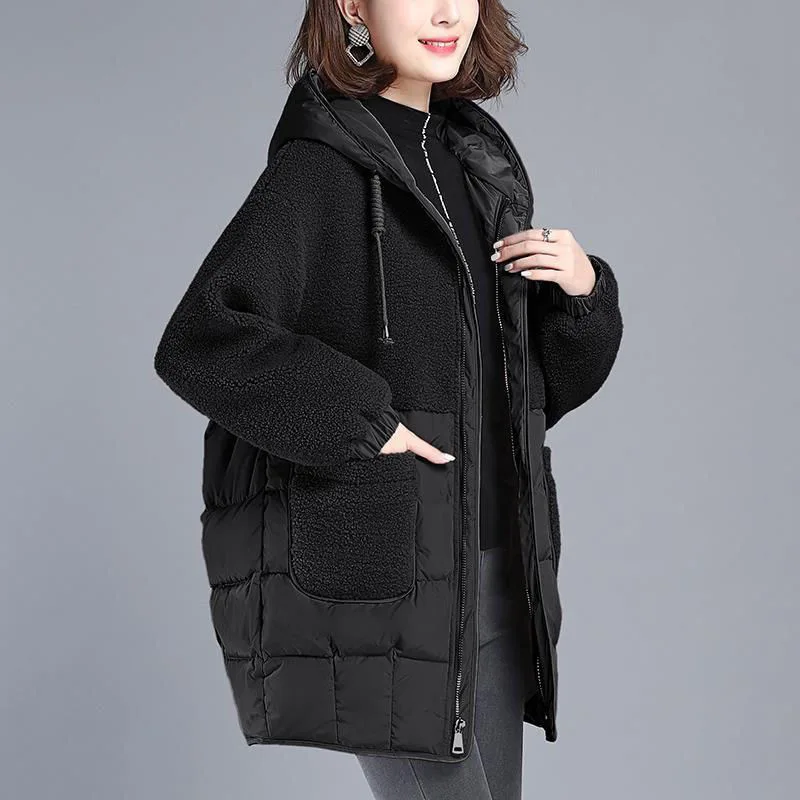 Women Padded Jackets Autumn Winter Hooded Outerwear Loos Down Cotton Jacket Mid-Length Lamb Wool Thick Coat Female