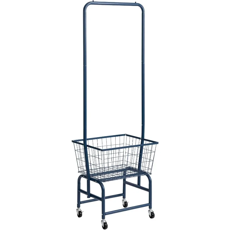 Laundry Cart with Clothes Rack, Rolling Butler Wire Storage Rack，Navy Blue