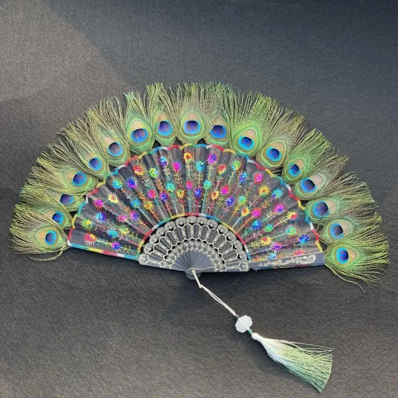 Peacock Feather Folding Fan Embroidery Sequin Folding Fan Lolita Dance Hand Fan with Pendant Gifts Wedding Party Decoration - Image 3