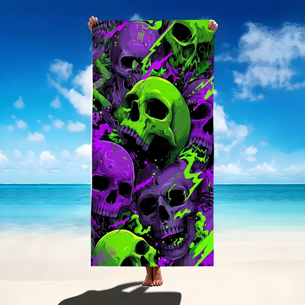 Neon Green Purple Skull Graffiti Print Beach Towel,absorbent fabric for beach festivals,rock gatherings,camping outdoor lounge