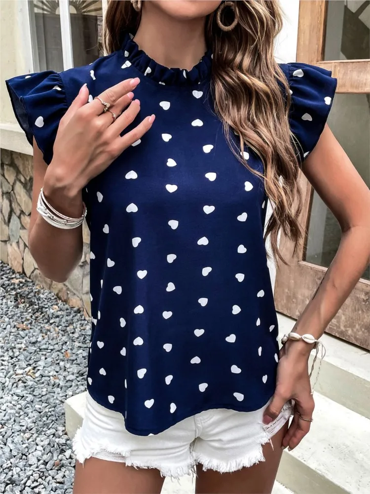 Camicetta a pois con scollo a O a maniche corte arruffata alla moda per le donne 2024 camicia con stampa Casual estiva camicette dolci e Top