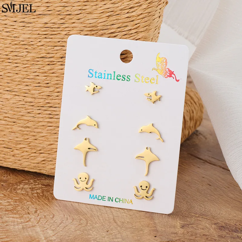 4Pairs/lot Punk Animal Earrings Set for Women Fashion Shark Dolphin Octopus Ear Studs Stainless Steel Piercing Trend Earings