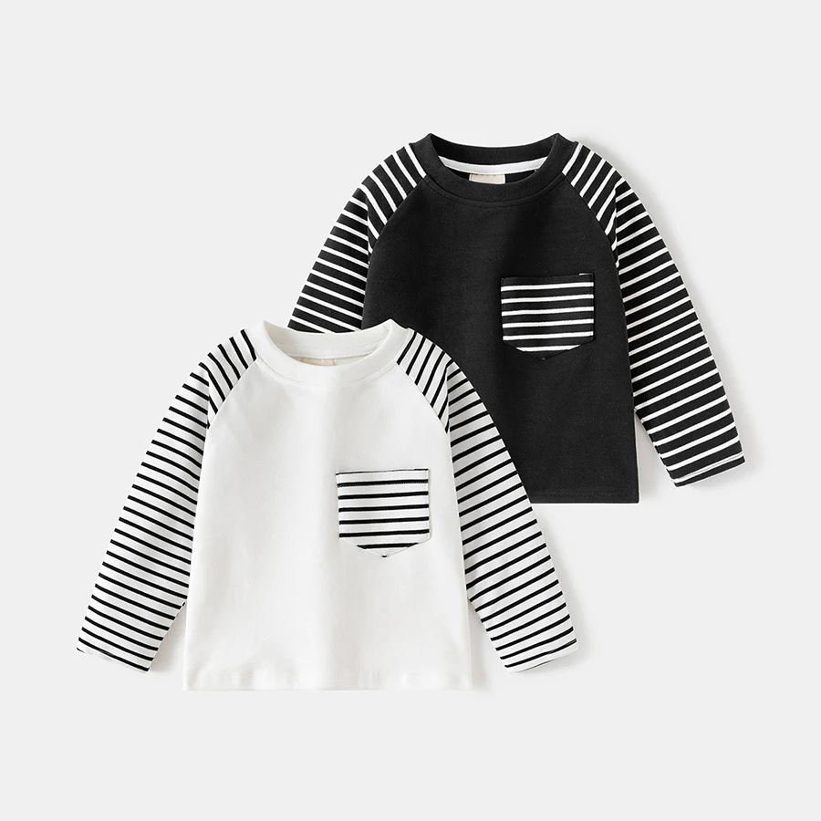 

Boys Long Sleeve Shirt Striped Raglan Sleeve Contrast Pocket Black White Autumn Casual Kids Top
