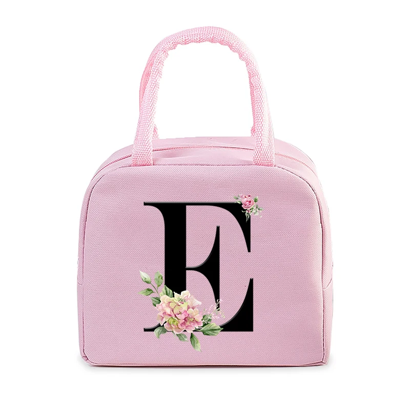 Pink Aesthetics Insulated Lunch Bags Vintage Flower 26 Alphabet Women Men Lunch Picnic Food Cooler Bag Lunch Box Storage Bag