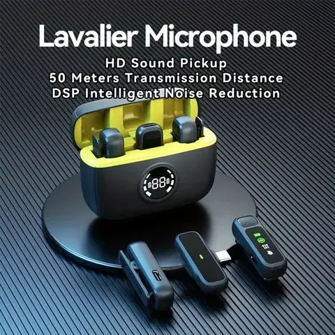 Dual Transmitter Wireless Lavalier Microphone System, 50-Meter Range