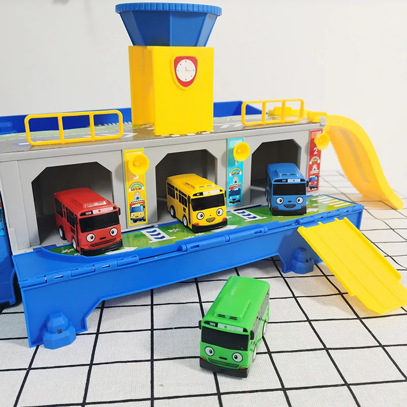 Tayos Cartoon The Little Bus Container Truck Storage Box parcheggio con 3 Pull Back Mini Car Toys per bambini regali di compleanno