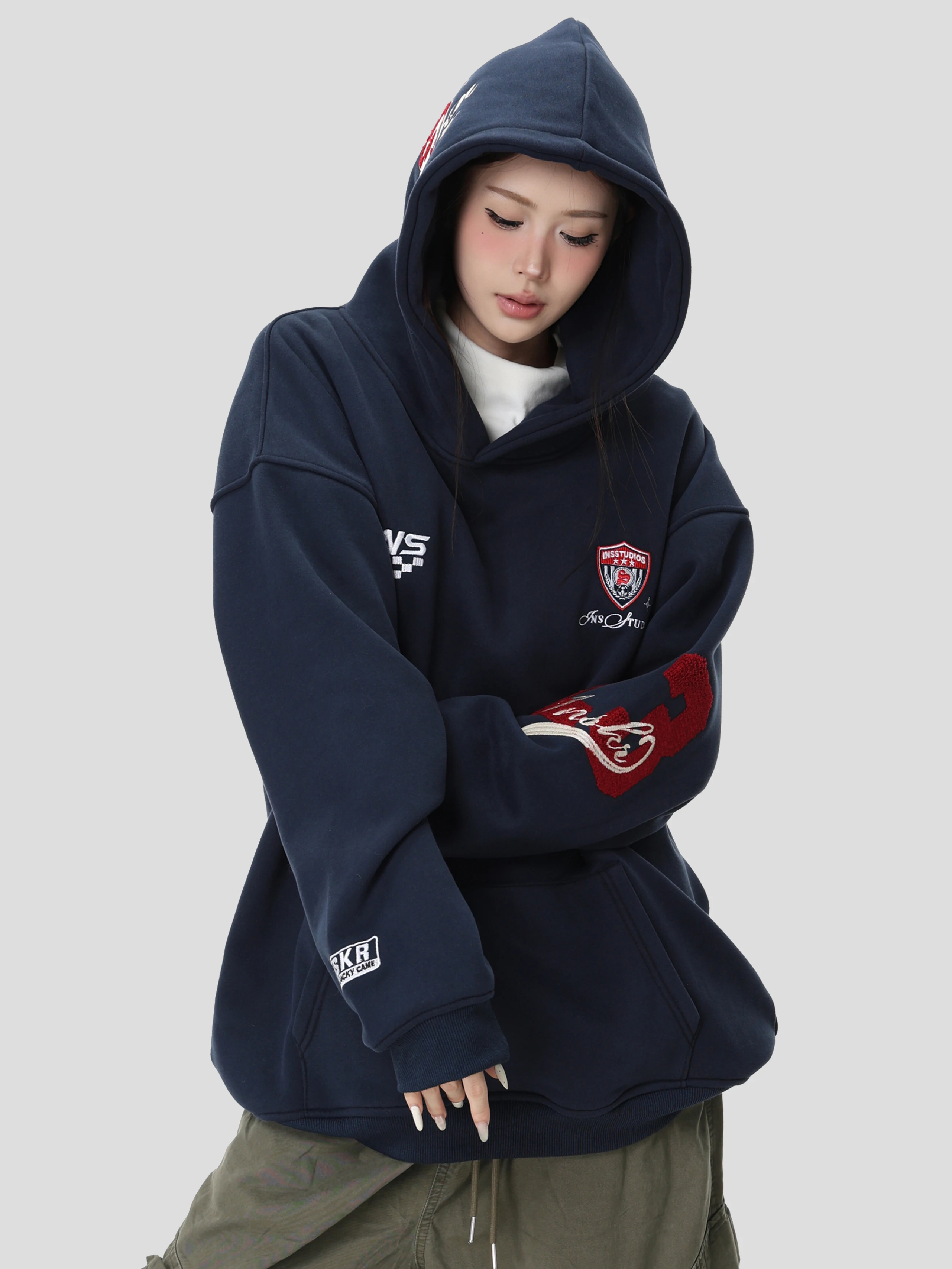 INSstudios Retro American Racing Embroidered Hoodie Loose Casual Fleece Lined Sweatshirt Youth Trend Autumn Winter Cotton