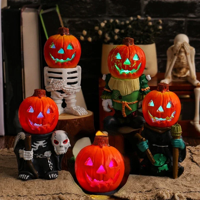 Halloween LED Lights Pumpkin Knight Desktop Decoration Glowing Pumpkin Head Ghost Resin Courtyard Decoration