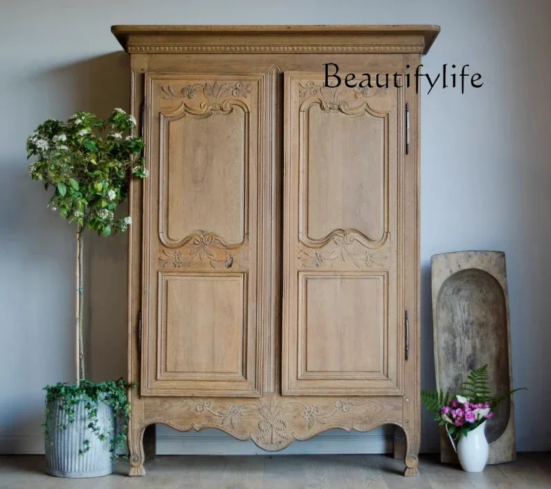 

R HFrench Antique Carved Oak Wardrobe, French Retro Solid Wood Old Double Door Wardrobe