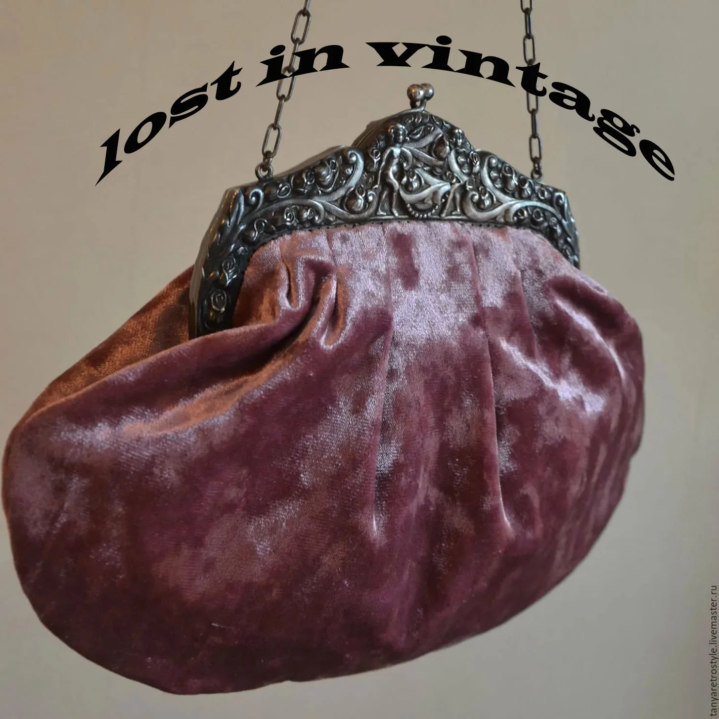Bolso de mano vintage Clicbag de terciopelo con cierre de metal, bolso de noche con cierre de beso, accesorio de estilo rústico en níquel, bolso de mano rosa empolvado.