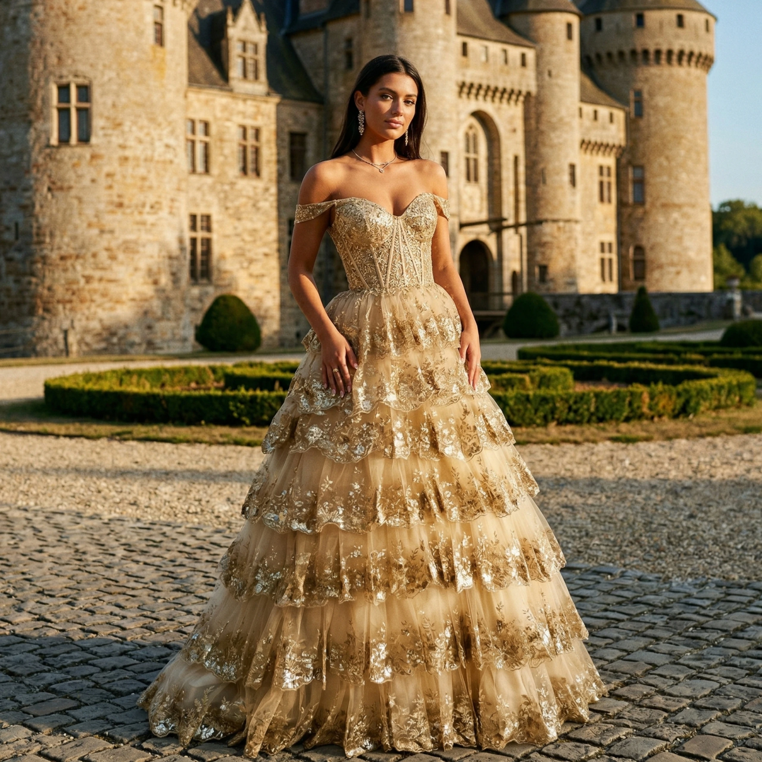 Off Shoulder Champagne Gold Sequin Prom Gown, Tiered Ruffled Tulle Evening Dress Customized