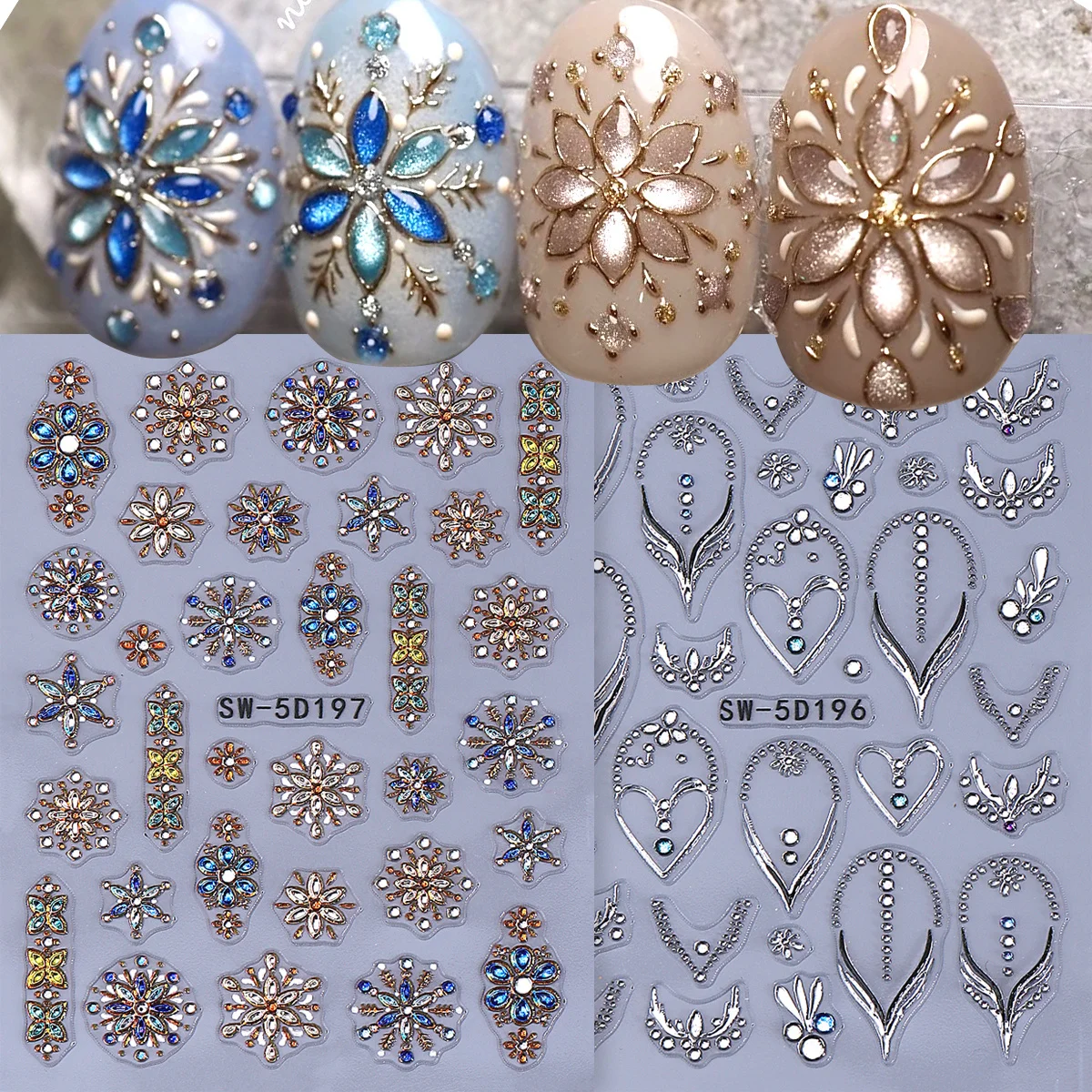 2pcs Luxury Gems 5D Embossed Nail Stickers Snowflake Flower Love Heart Adhesive Decals Winter Retro Charms Sliders Manicure Tips