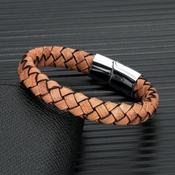 MKENDN Punk Men Retro Genuine Braided Brown Leather Bracelet Stainless Steel Magnet Buckle Handmade Jewelry Homme Pulseras