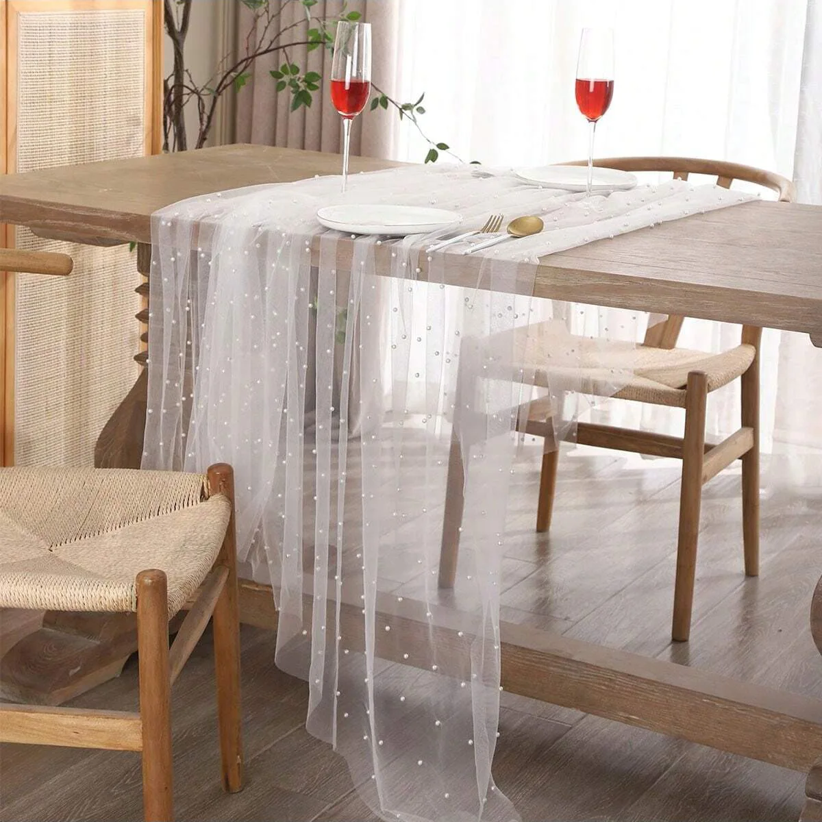 Pearl Tulle Table Runner Tablecloth White Table Cloth Wedding Veil Fabrics for Wedding Birthday Party Arch Dessert Table Decor