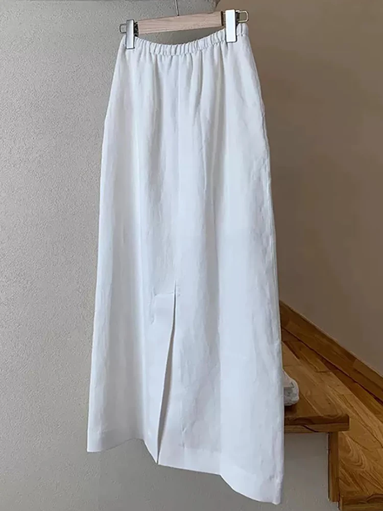 

Прямая юбка-миди с высокой талией, белая льняная женская длинная юбка с завязками, корейская повседневная одежда для поездок на работу