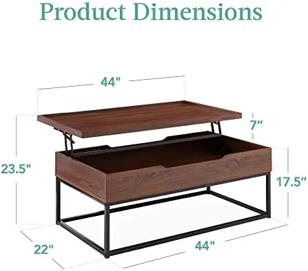 

44in Lift Top Coffee Table, Large Adjustable Elevated Tabletop for Living Room, Office, Bonus Room w/Tray Edge Surface, Wood-Gr