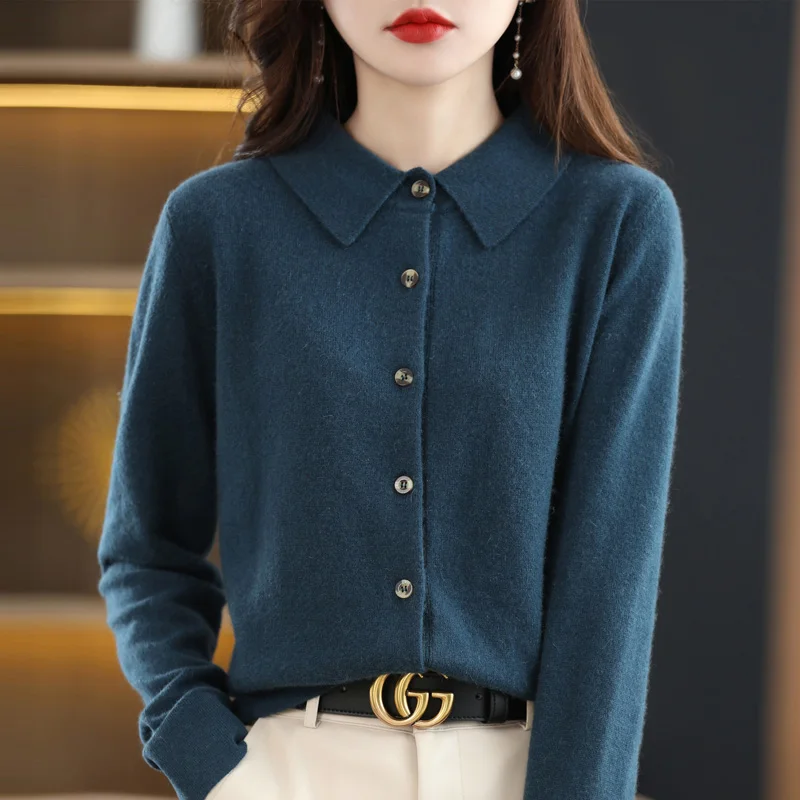 Women New 100% Merino Wool Sweater Pile Collar Solid Knitted Cardigan Autumn Winter Casual Thick Jacket Loose Soft Knitwear