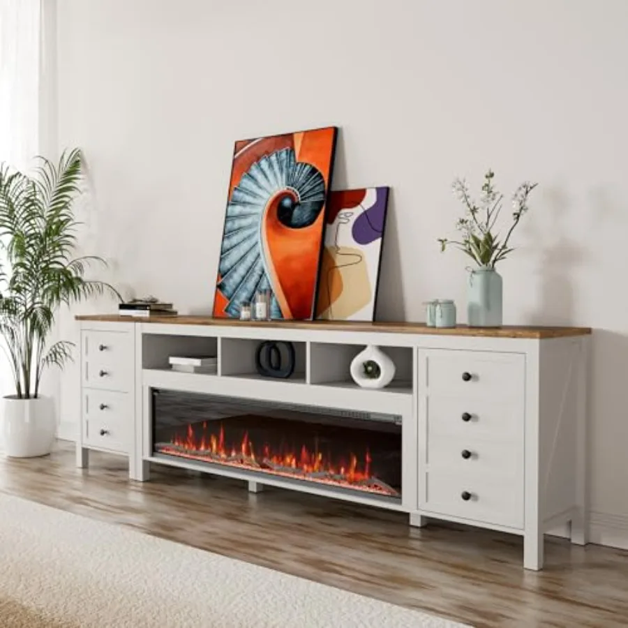 Suporte de TV com lareira de 83 polegadas para TVs de até 95 polegadasCentro de entretenimento moderno com 50 lareiras elétricas Console de TV branco com St