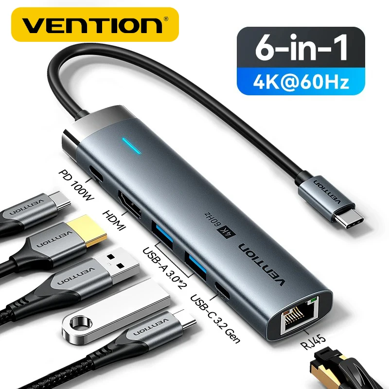 Vention USB C 3.2 Hub Splitter Type C to HDMI PD 100W Adapter,4K 60Hz,RJ45,Macbook, iPad Pro Air M2, M1, Sumsang, PC Accessories