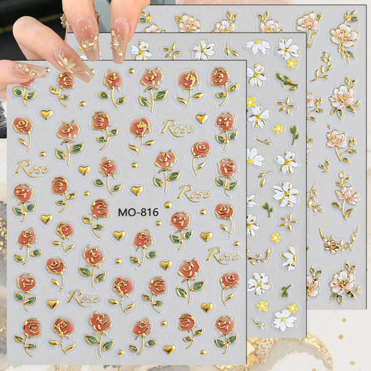3/6/12 Sheets 5D Embossed Gold Outline Rose Daisy Flower Nail Stickers Heart Self Adhesive Spring Floral Nail Art Decals