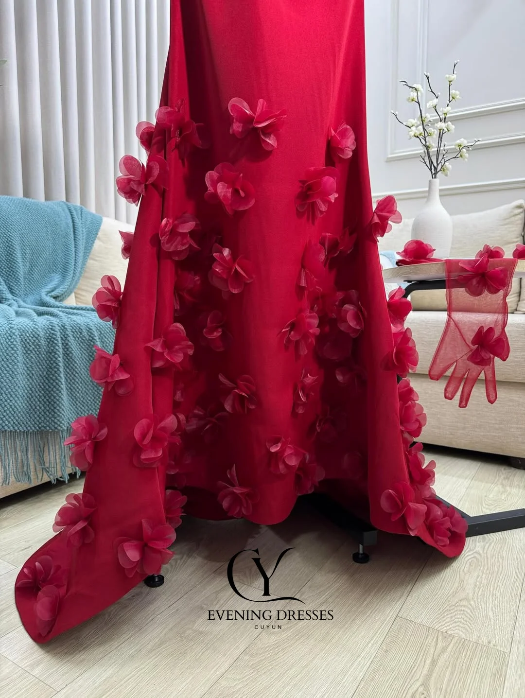 CUYUN Luxus Rot Abendkleider Sexy 3D Blumen Ärmellose Liebsten Elegante Prom Kleider Party Angepasst Vestidos De Noche