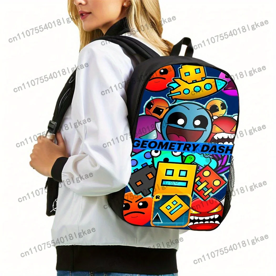 3pcs Geometry Dash World Themed Backpack with Appliqué & Print - Lightweight & Travel Suitable for &, Adjustable Straps & Laptop