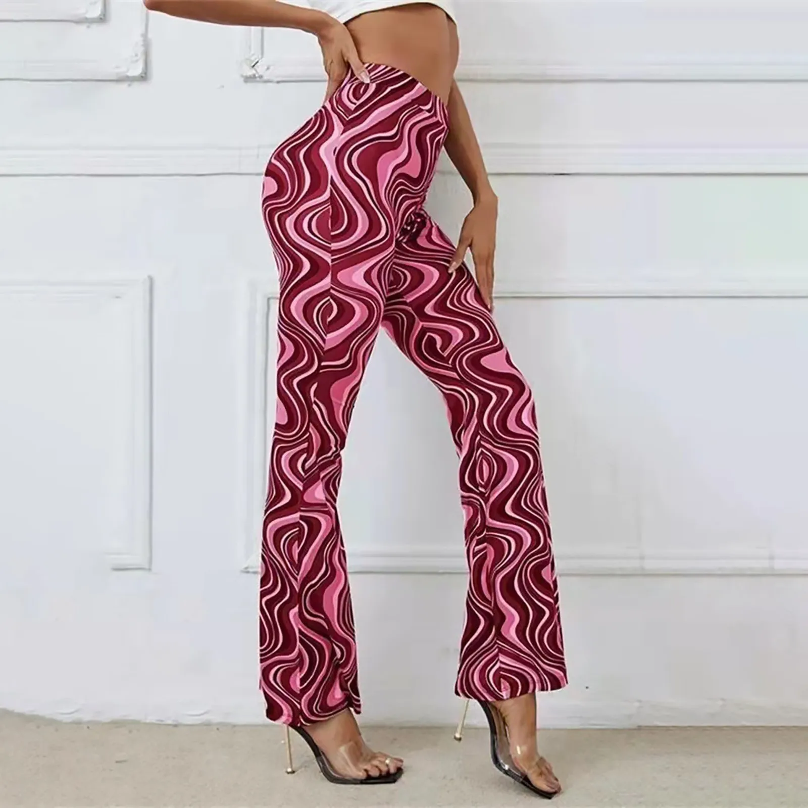 

Women's Water Ripple Print Fitness Yoga Pants Elastic High Wait Slim Fit Flared Pants Summer Slacks Stripe Street Long Trousers