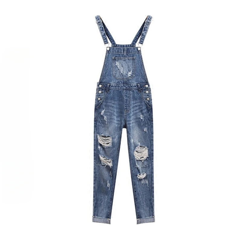 Women's Korean Style Washed Distressed Ripped Jumpsuits Trendy Spring Autumn High Waist Slimming Casual Versatile Denim Pants