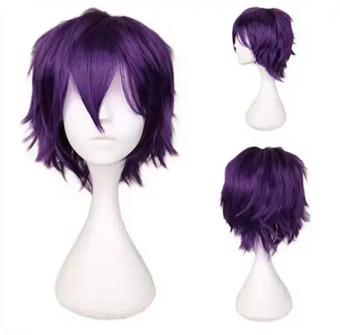 Men Synthetic Short Fluffy Red Silver Gray Light Golden Green Pink Purple Orange White Universal Cosplay Wig With Bangs