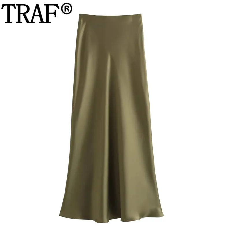 TRAF 2023 Satin Skirt High Waist Long Skirts For Women Autumn Elegant Social Women's Skirts Fashion Vintage Midi Skirt Woman