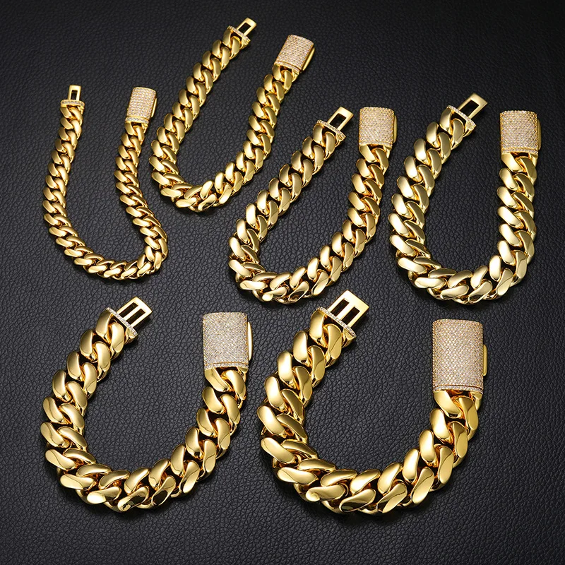 10mm-20mm wide Hip Hop Bling Iced Out Round Miami Curb Cuban Link Chain Bracelets for Men Rapper Jewelry Gold Silver Color