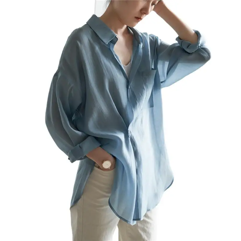 

Office Lyocell Lightweight Shirt Ladies Simple Blouse 2024 New Spring Autumn Tops Women Clothing High Street Loose Basic Blusas