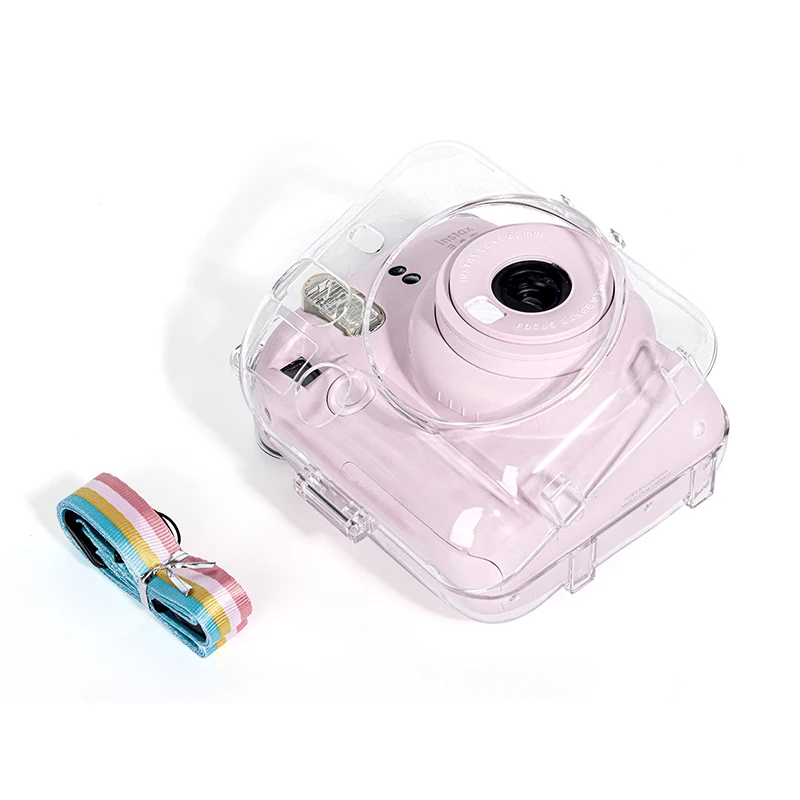 Instax mini 12用クリスタルクリアケース,カメラ保護ケース,ショルダーストラップ付き
