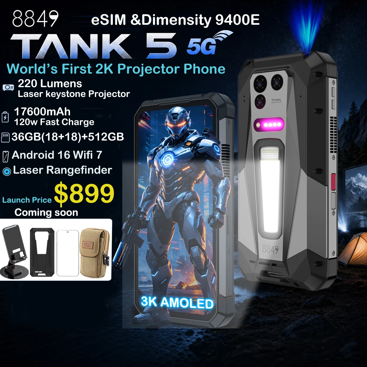 8849 TANK 5 Unihertz 2K Projector Rugged Smartphone eSIM Dimensity 9400e 3K AMOLED 17600mAh 220Lumens 18GB+512GB WiFi 7