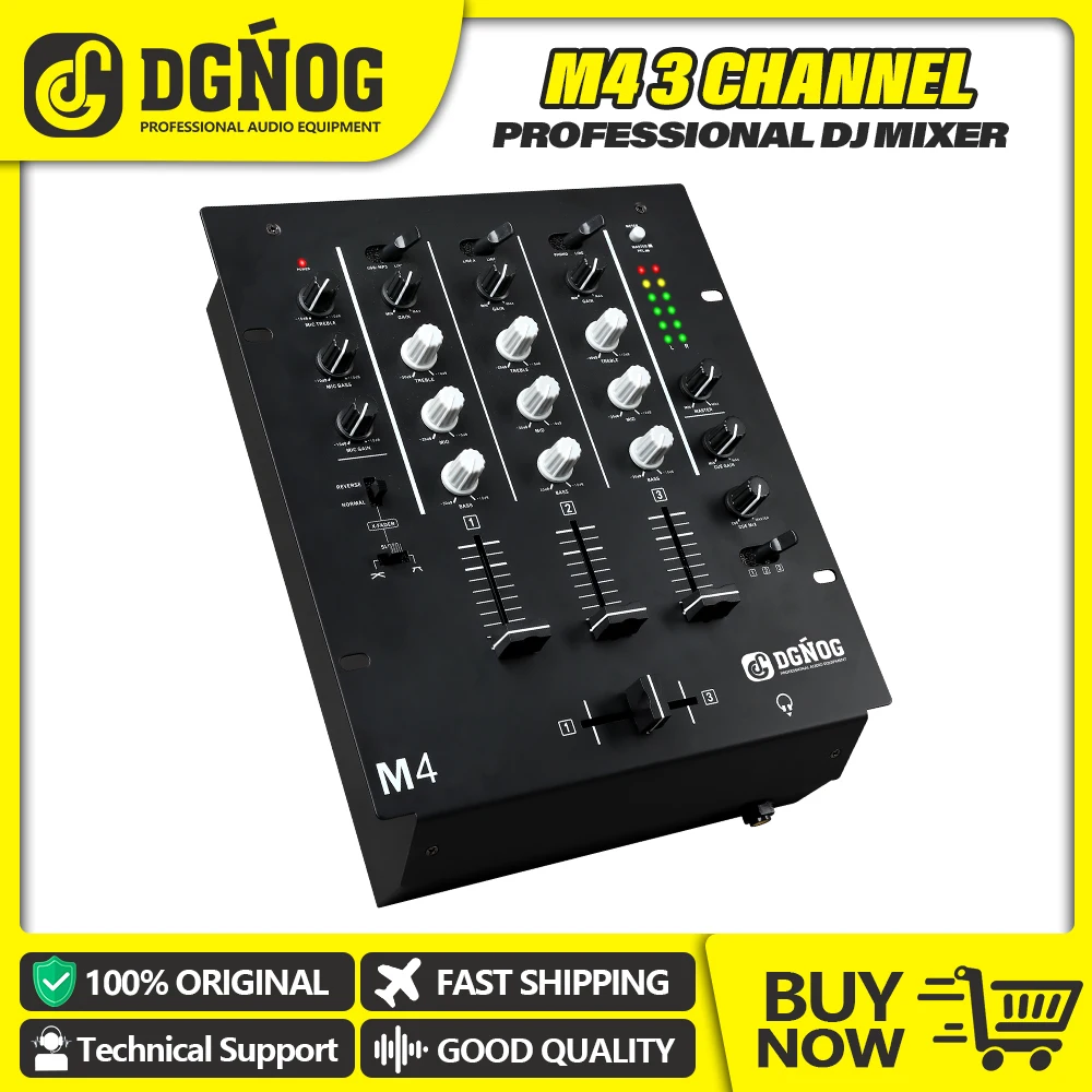 DGNOG 3-Channel DJ Mixer with Built-In Audio Interface 3-Band EQ Microphone Input and Replaceable Crossfader with Slope Control