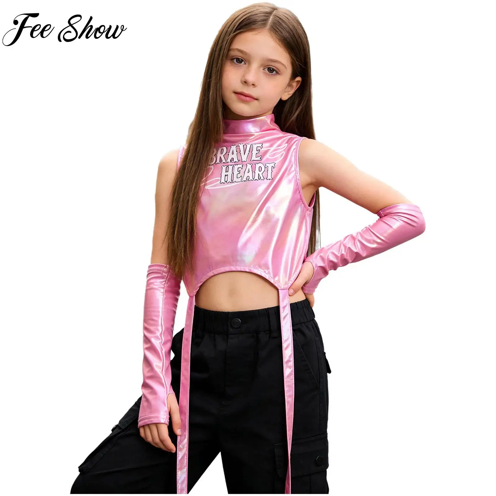 

Детский топ для джазовых танцев для девочек, металлический укороченный топ без рукавов, жилет с принтом под змеиную кожу + комплект с перчатками для выступлений в стиле хип-хоп и уличных танцев