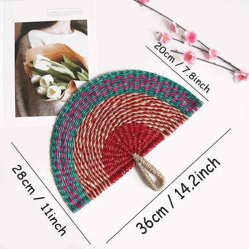 22X28CM Handwoven Grass Fan Natural Seaweed Straw Fan Boho Style Rainbow Wall Hanging Decor for Home