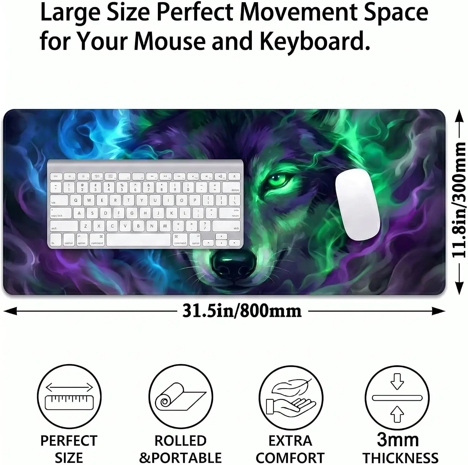 Fantasy Wolf Large Desk Mouse Pad, Glowing Eyes Wolf Purple Green Blue Smoke Cool Art Print, Non‑Slip Mat For Gaming Office Desk