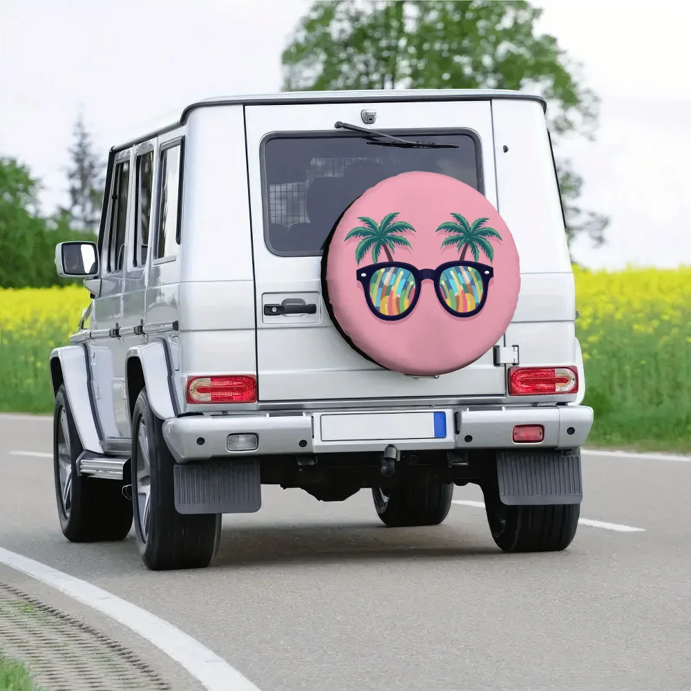 1pc 2D Flat-Printed Tire Cover Featuring Palm Trees And Glasses, Perfect For Beach Vibes. Made From 100% Polyester, It Doesn'T R