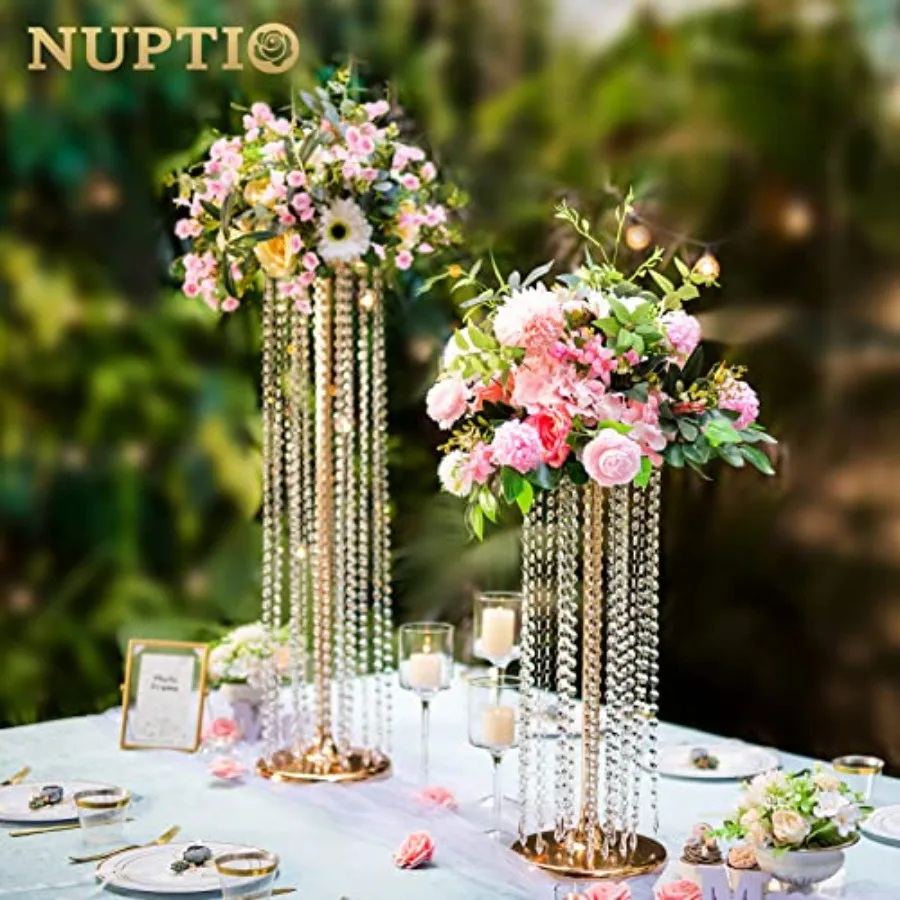 Wedding centerpieces for party tables: 2 pcs 35.4-inch tall gold crystal flower vases elegant gold finish premium crystal mater