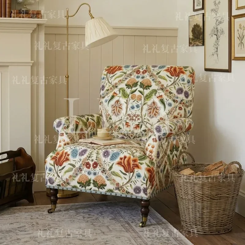 Vintage Printed Solid Wood Sofa Chair Country Floral Single Seat Living Room Fabric Armchair with Rollers