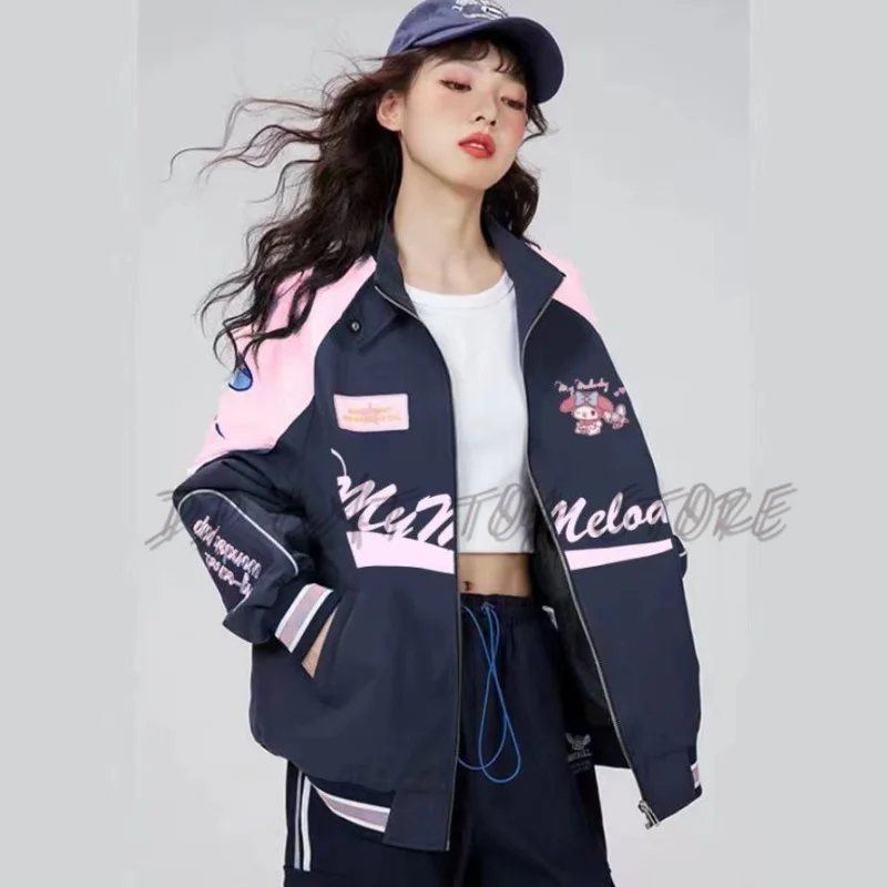 Sanrio Kawaii MyMelody Kuromi Cinnamoroll  Baseball Uniform Biker Punching Female Loose Warm Windproof Jacket Couple Clothes